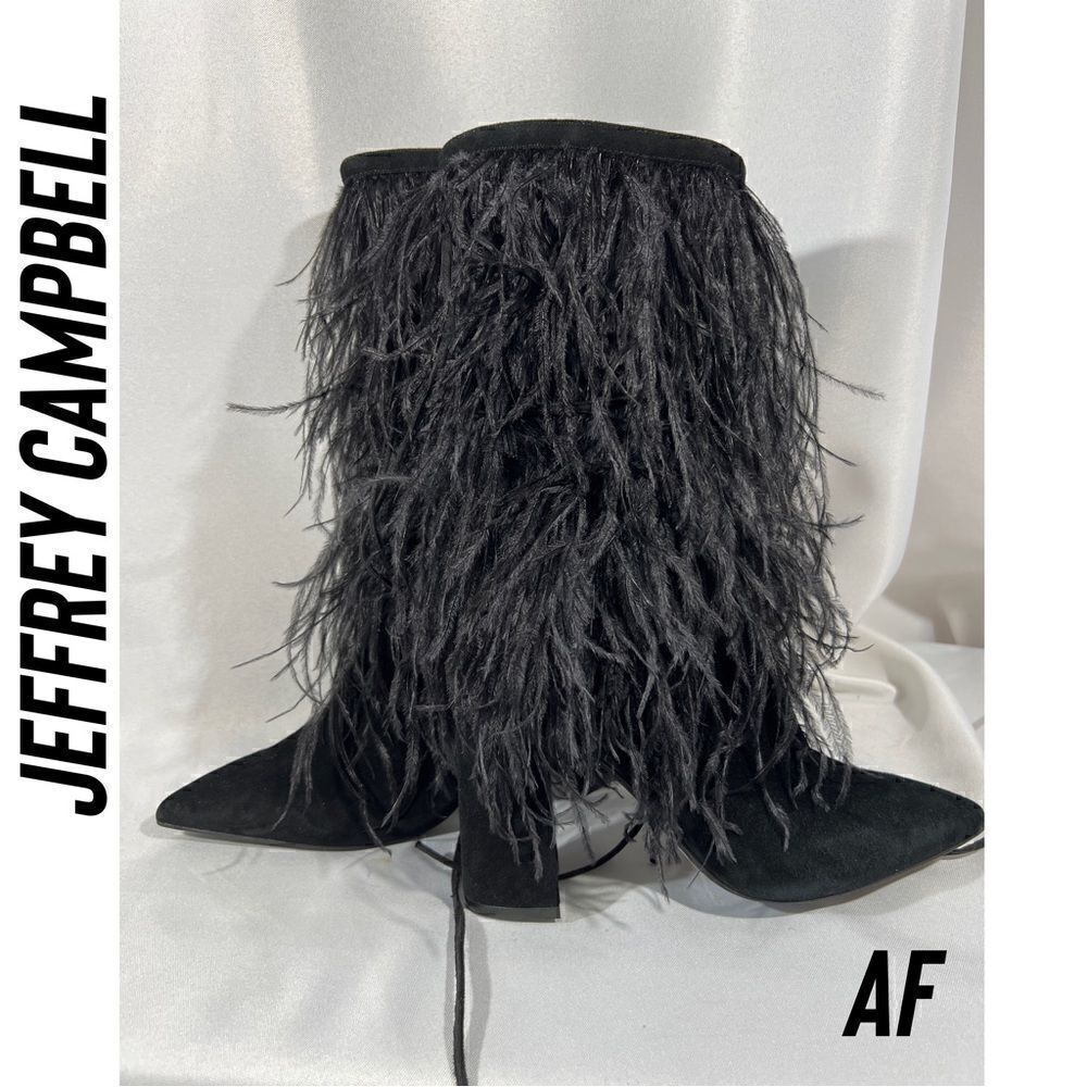 JEFFREY CAMPBELL SHAKE YA OSTRICH FEATHER BOOTS NEW BLACK - Picture 2 of 11